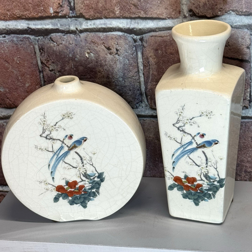 Set of 2 Vtg Treasure Craft Crackle Small Vases Birds Asian Flowers MCM USA Made